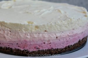 A close up photo of the ombre berry cheesecake. Each of the creamy levels is visible above the dark chocolate crust. The bottom layer is a dark purple pink with flecks of blueberries. The middle layer is a ligh pink and the top is a creamy white vanilla layer.